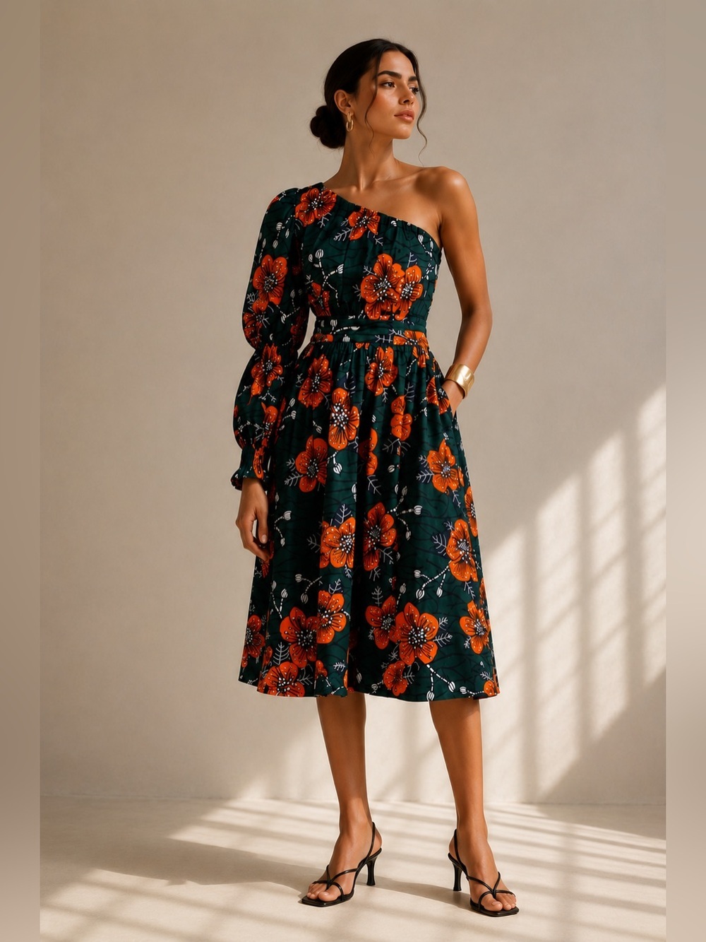 Autumn Adeigbo Trixi One Shoulder Floral Dress Green Orange Statement Print. 2